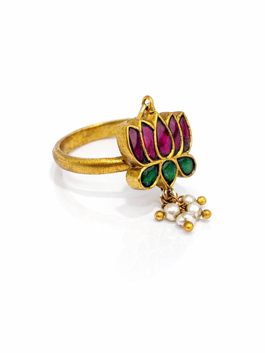 Lotus Kundan Pearl Drop Ring