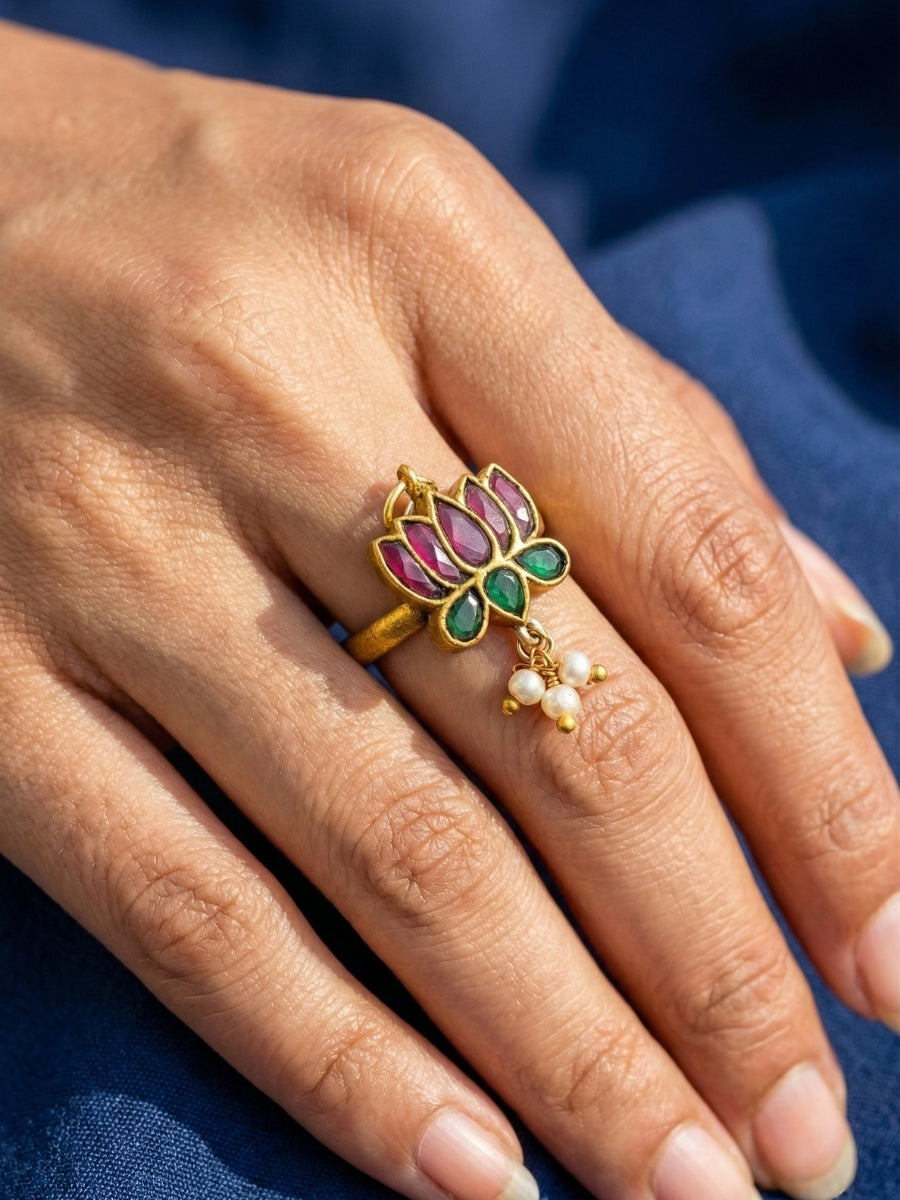 Lotus Kundan Pearl Drop Ring