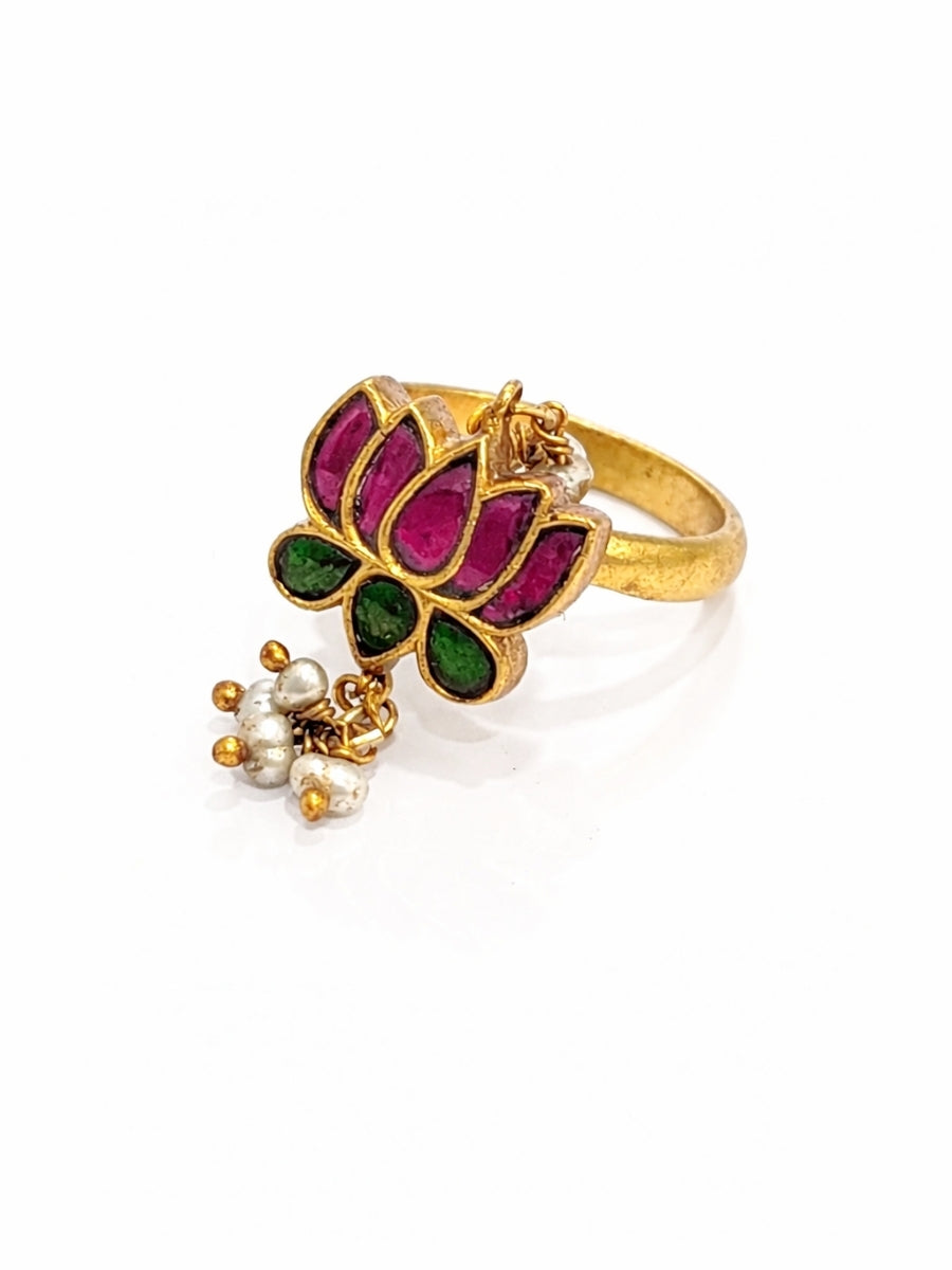 Lotus Kundan Pearl Drop Ring