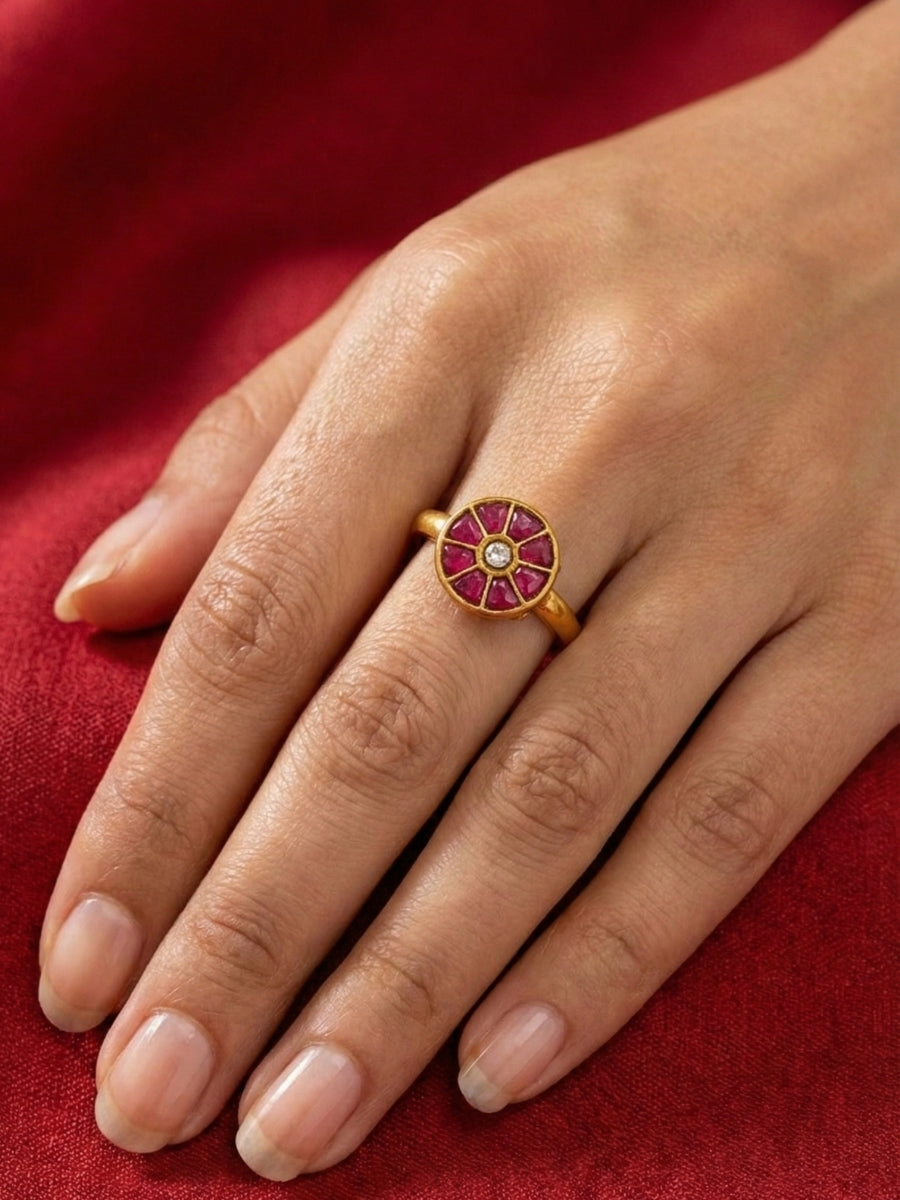 Round Pink Kundan Floral Ring