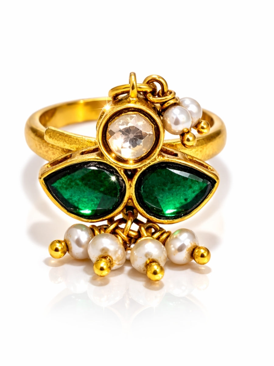 Ethnic Emerald Pearl Designer Ring