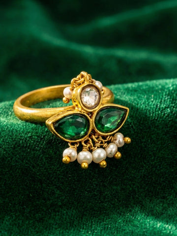 Ethnic Emerald Pearl Designer Ring