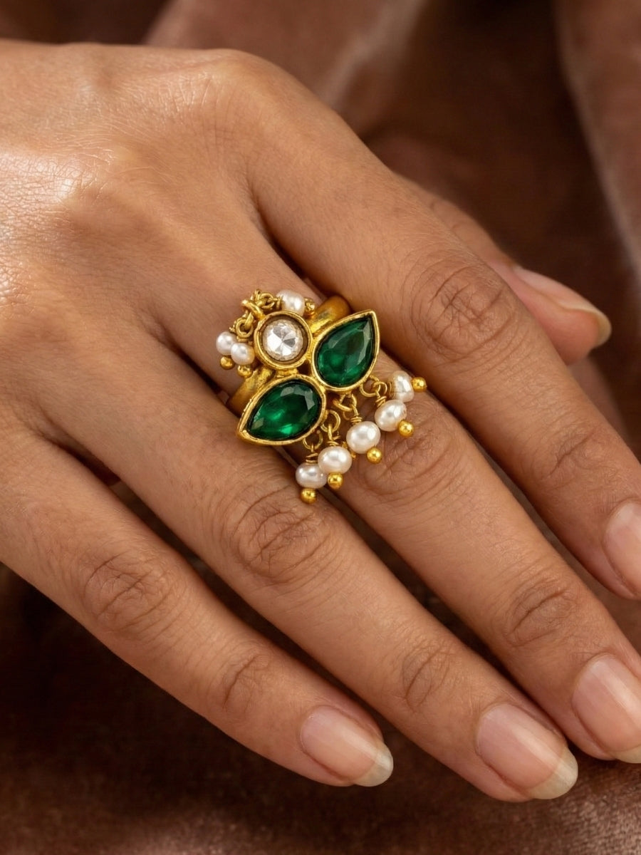 Ethnic Emerald Pearl Designer Ring