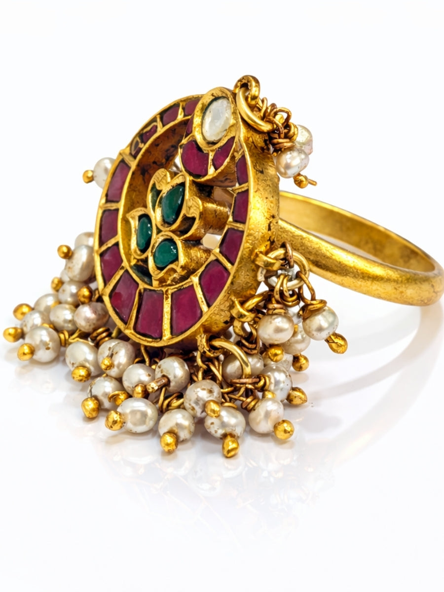 Vintage Kundan & Polki Gold-Plated Ring with Ruby