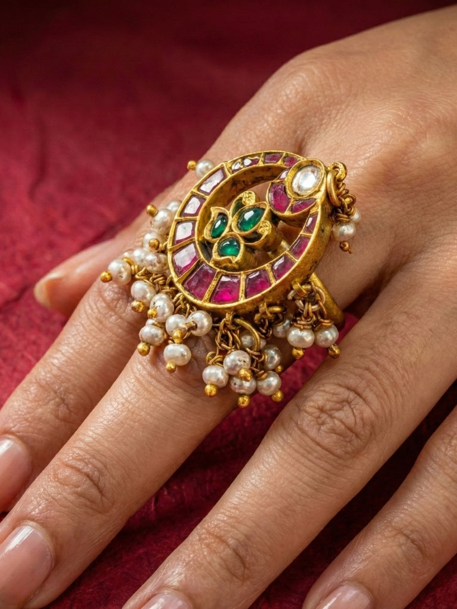 Vintage Kundan & Polki Gold-Plated Ring with Ruby