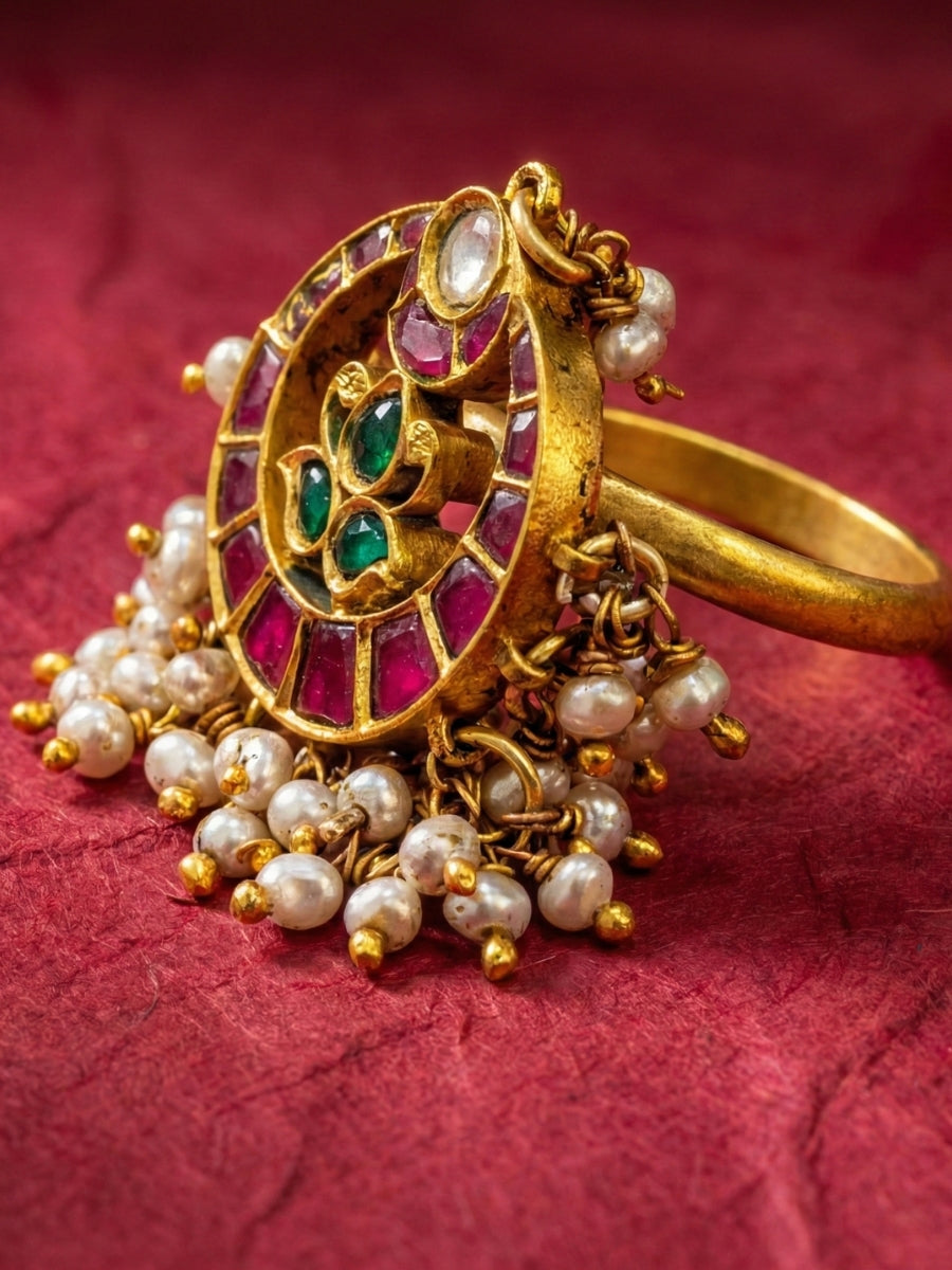Vintage Kundan & Polki Gold-Plated Ring with Ruby