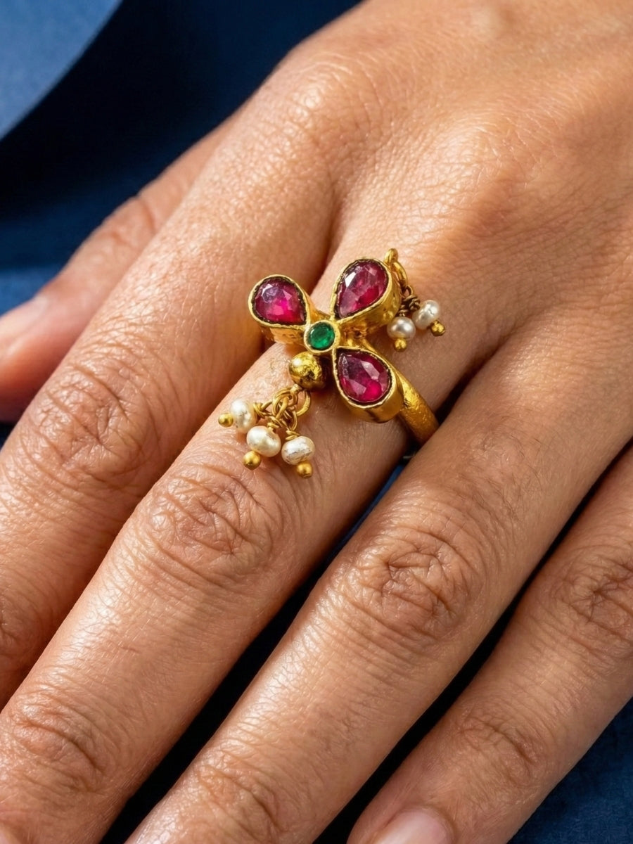 Ethnic Multi-Stone Floral Kundan Ring