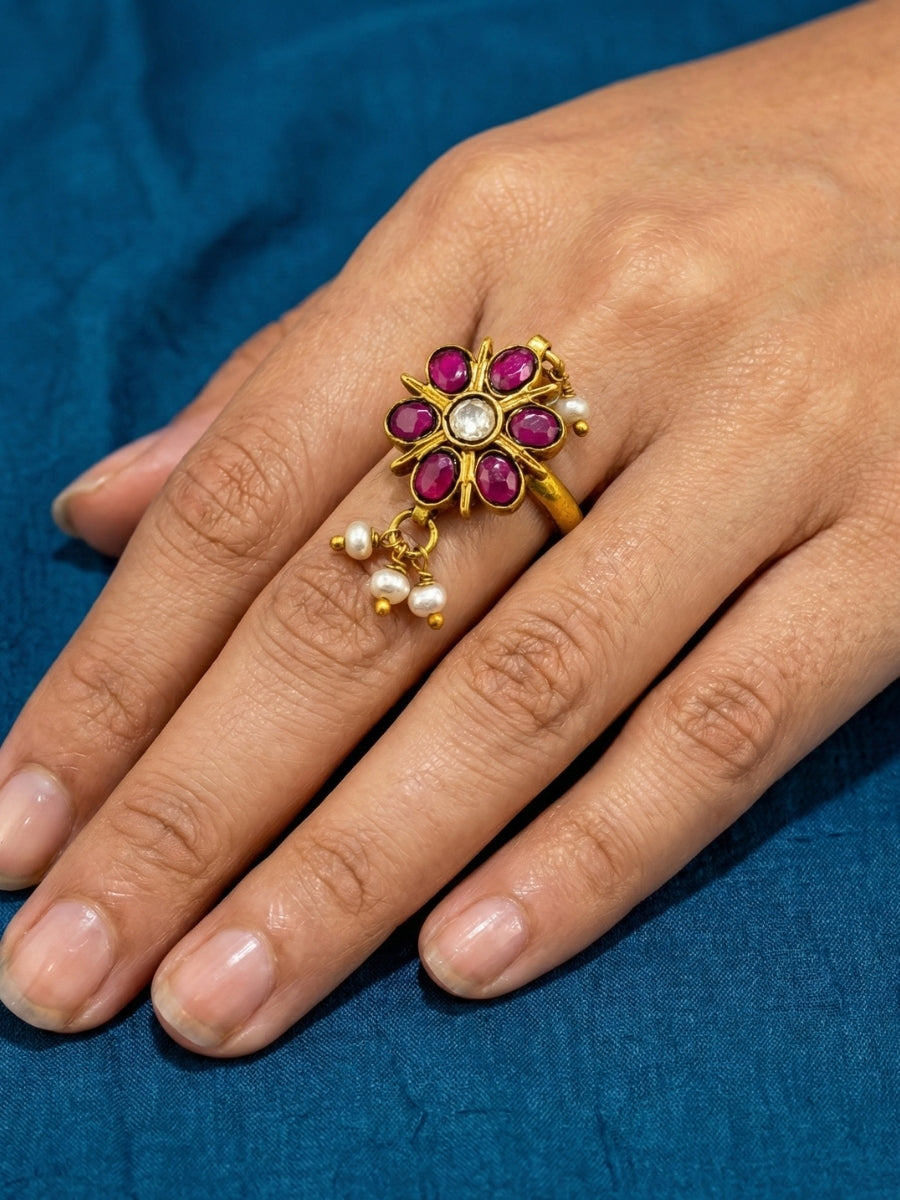 Radiant Sunburst Ruby Floral Ring