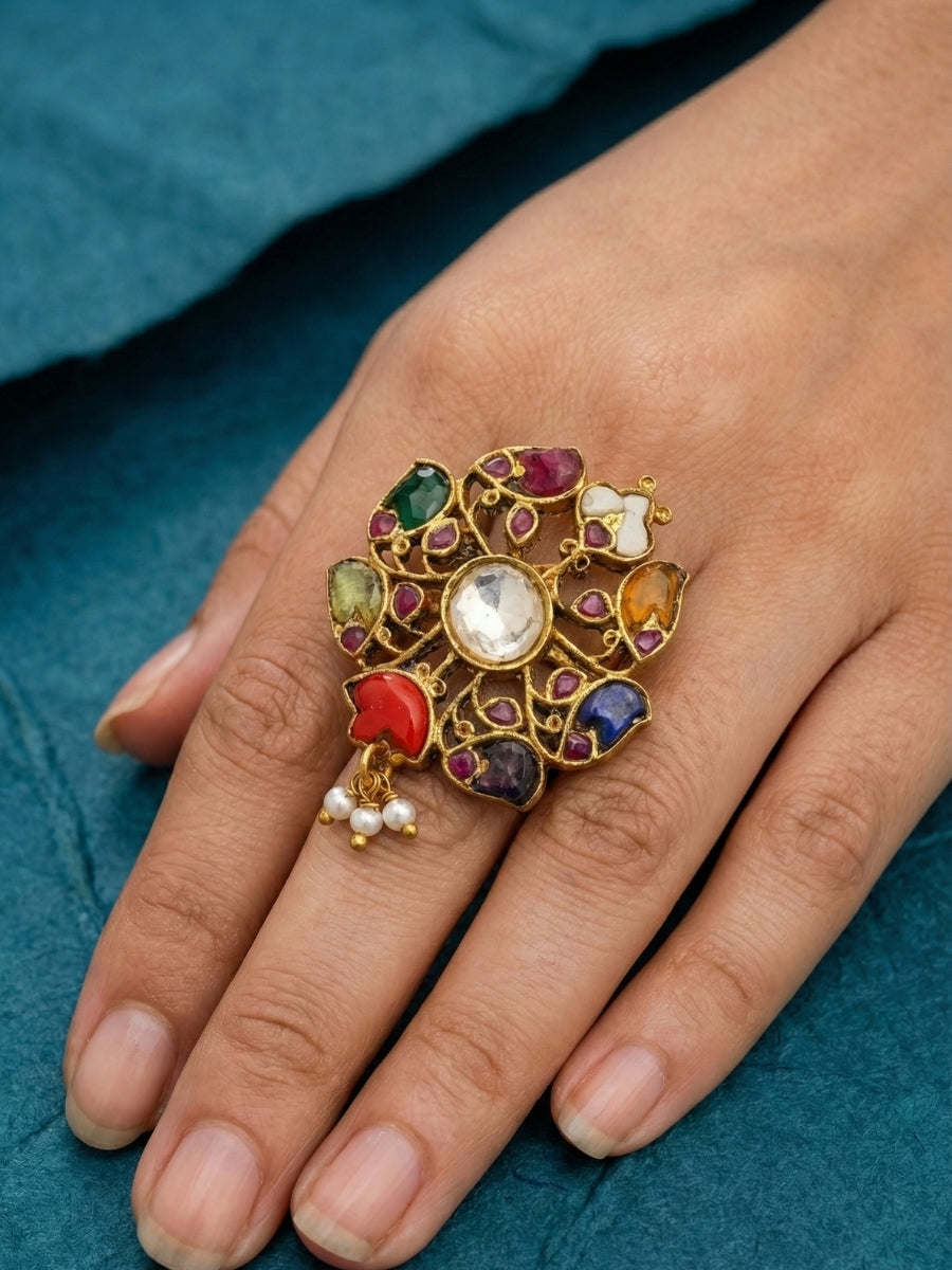 Vintage Navratna Floral Statement Ring