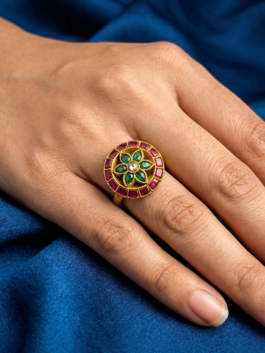 Classic Round Emerald Floral Ring