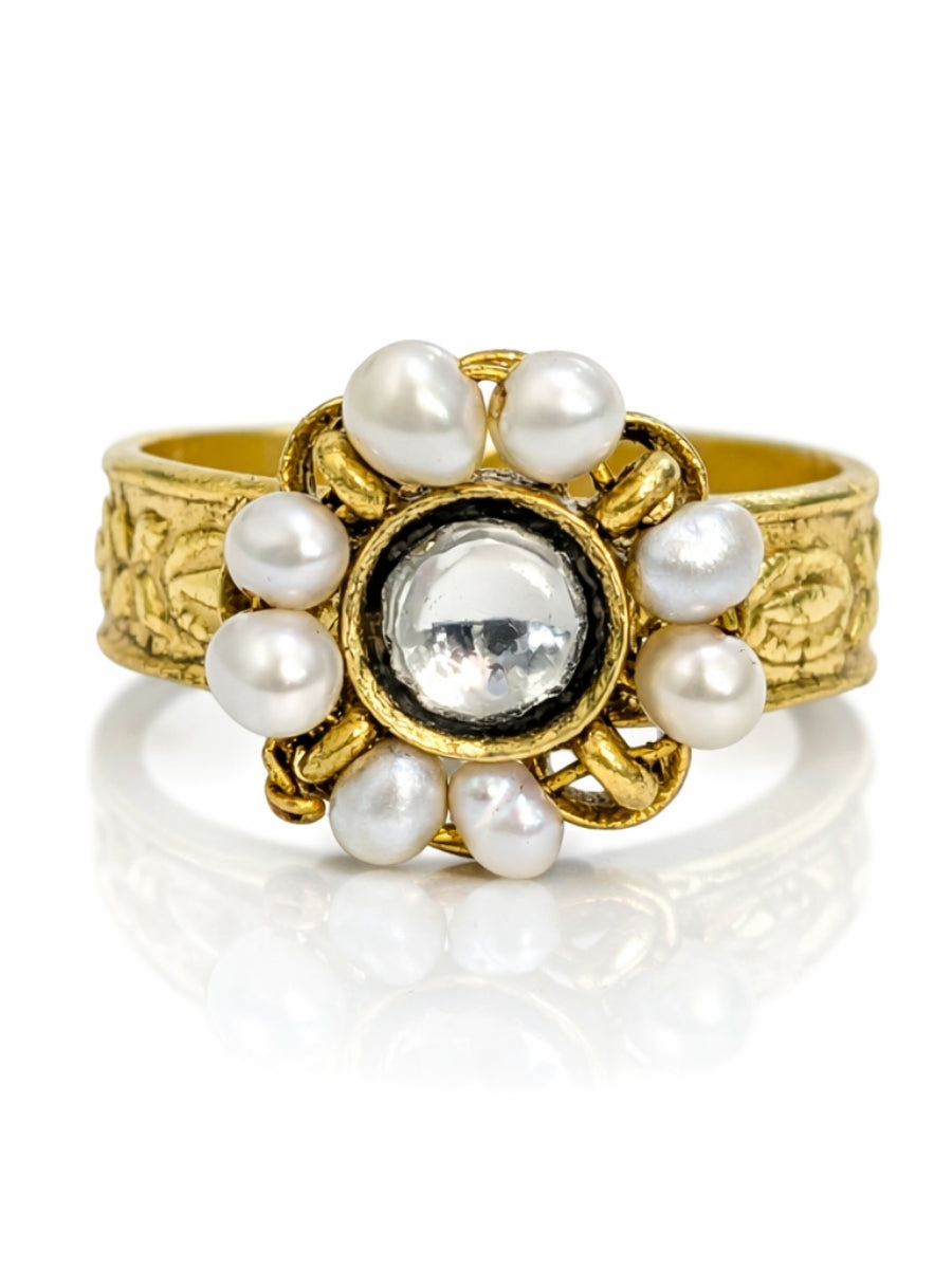 Traditional Kundan Pearl & Polki Ring