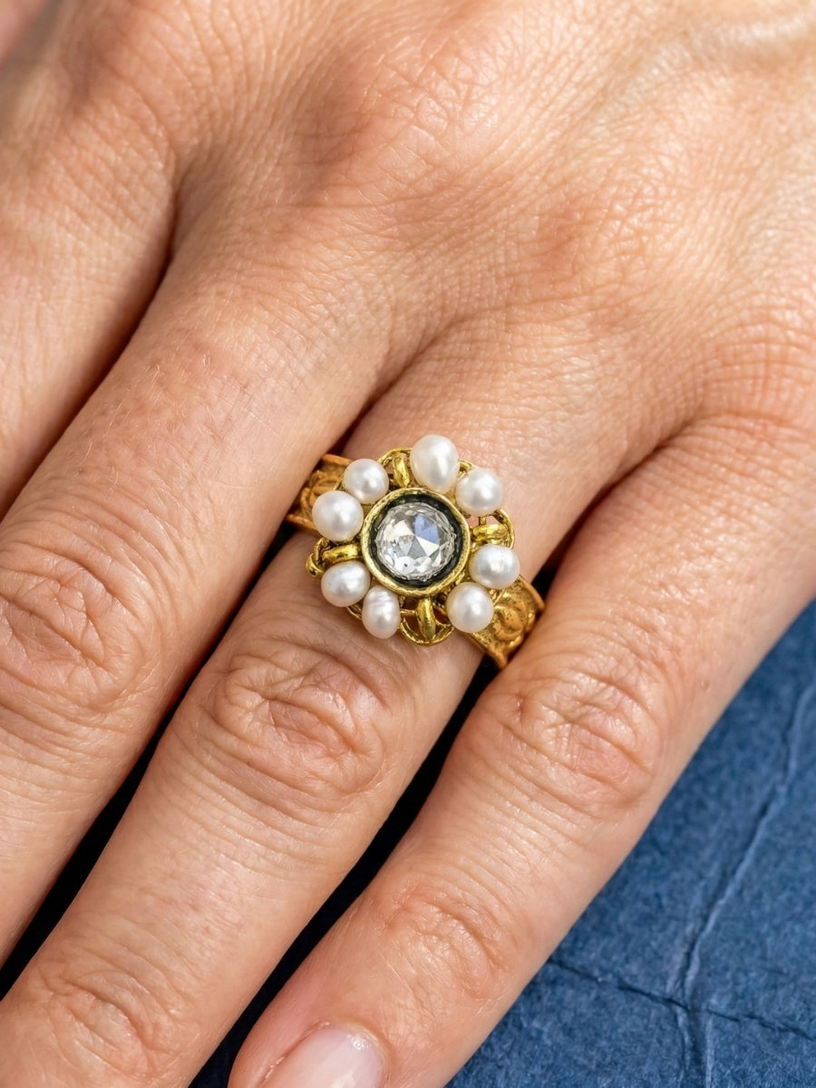 Traditional Kundan Pearl & Polki Ring