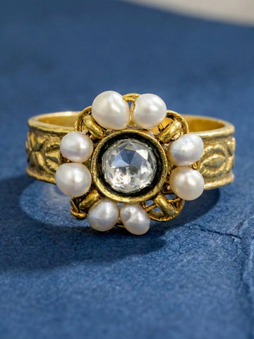 Traditional Kundan Pearl & Polki Ring