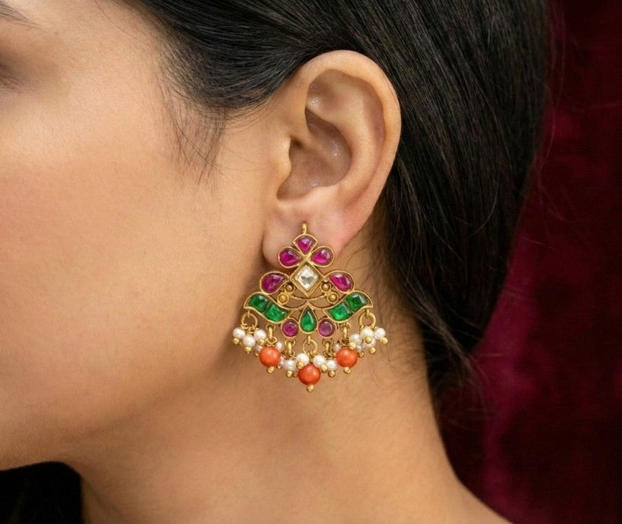 Indian-Style Kundan Chandelier Earrings
