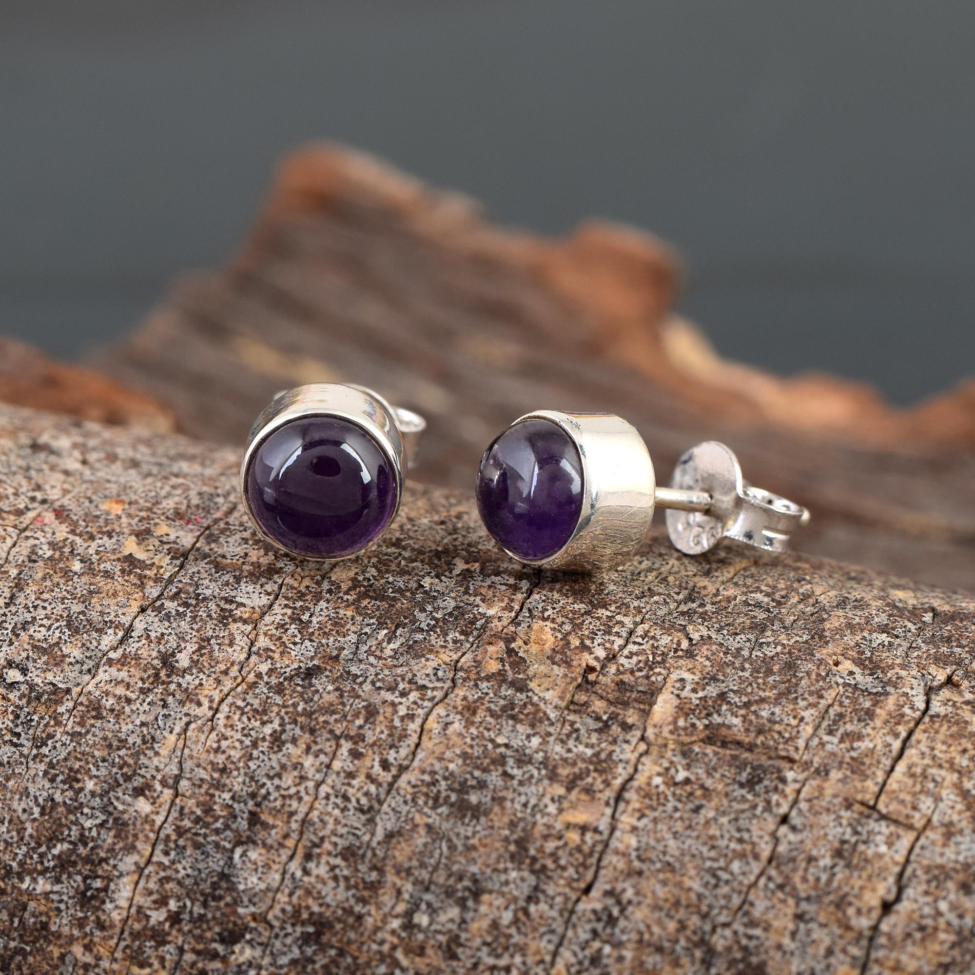 Amethyst Round Bezel Studs