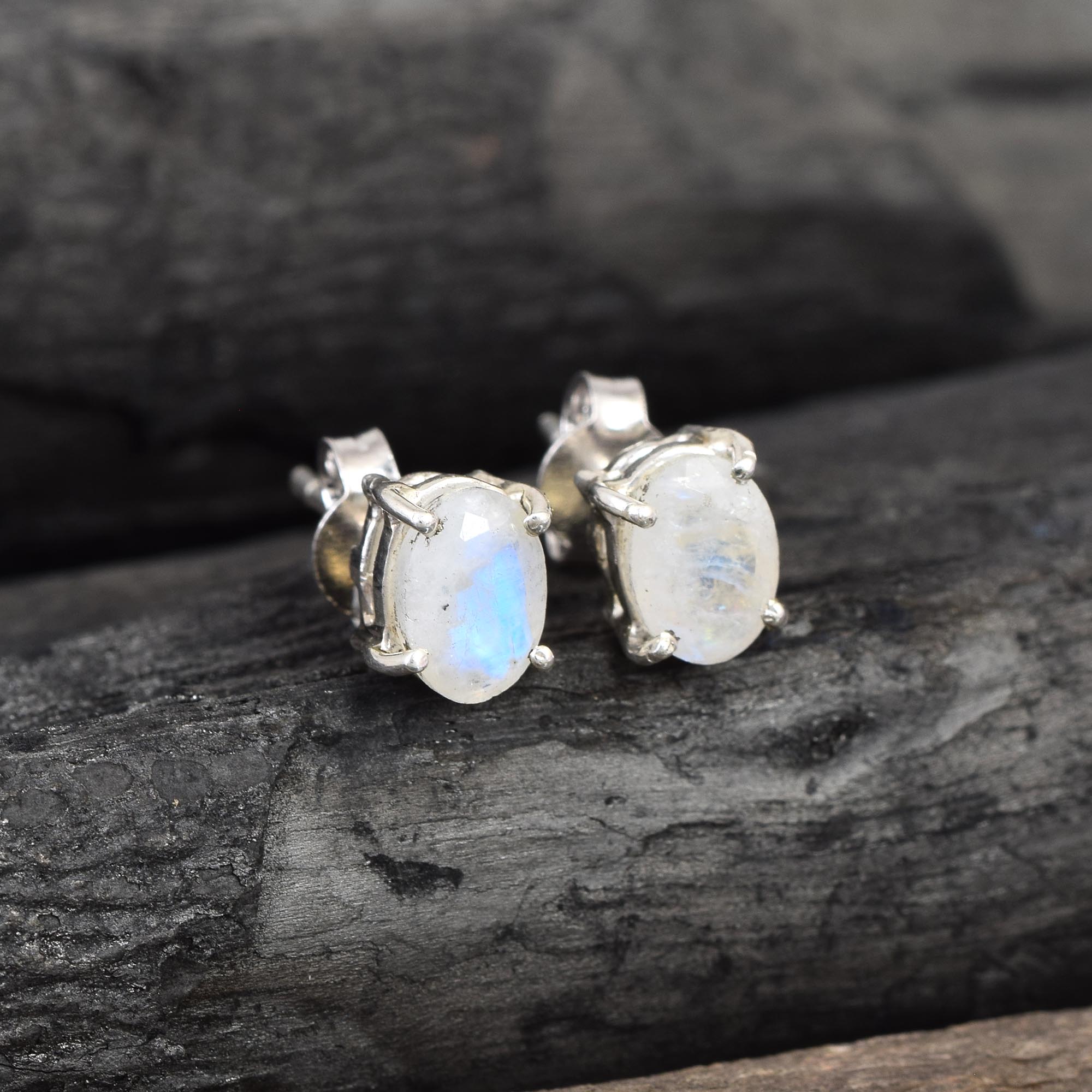 Glowing Moonstone Oval Silver Earrings