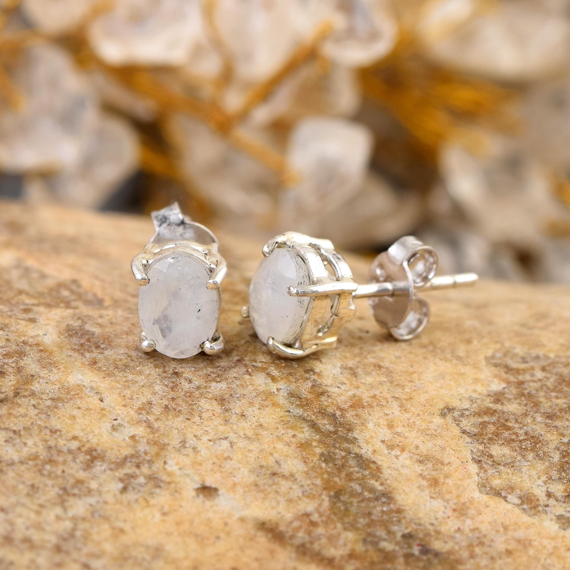 Glowing Moonstone Oval Silver Earrings
