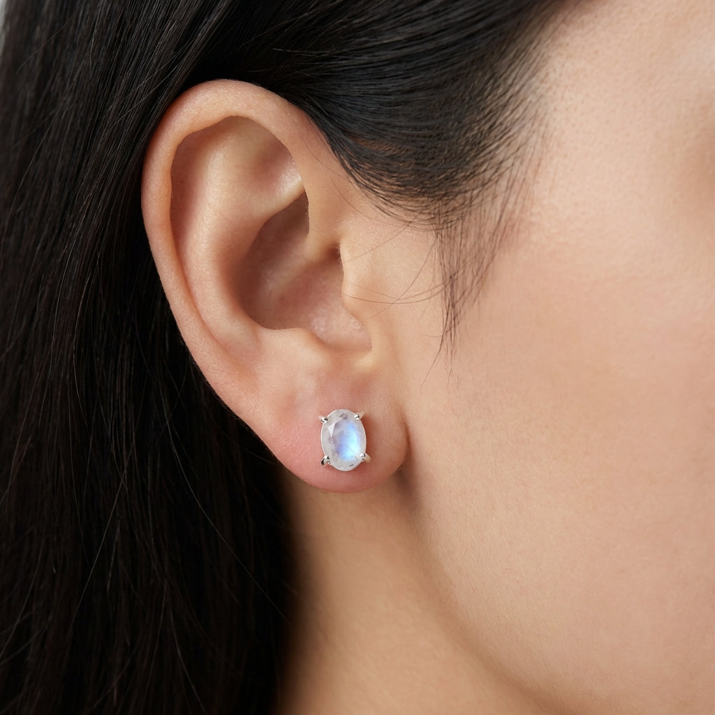 Glowing Moonstone Oval Silver Earrings
