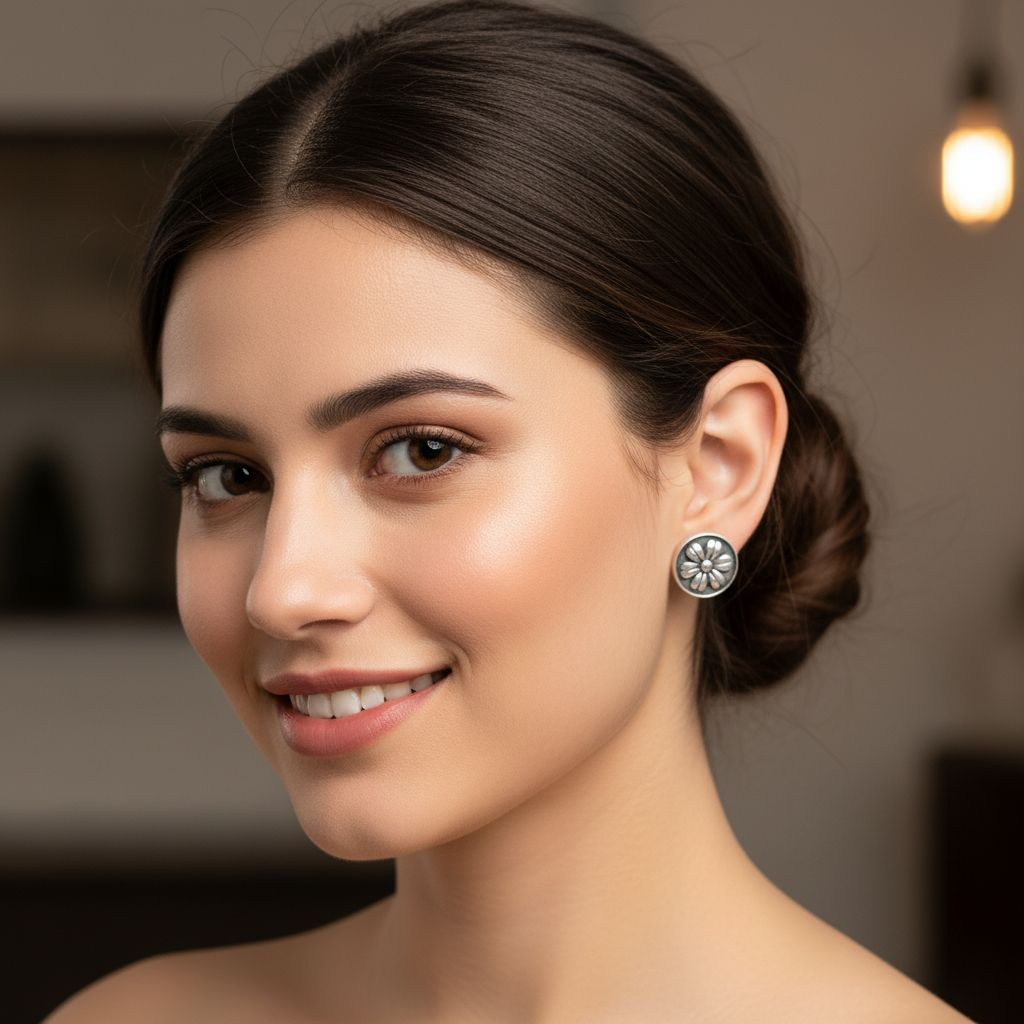Oxidized Floral Disc Studs Earring