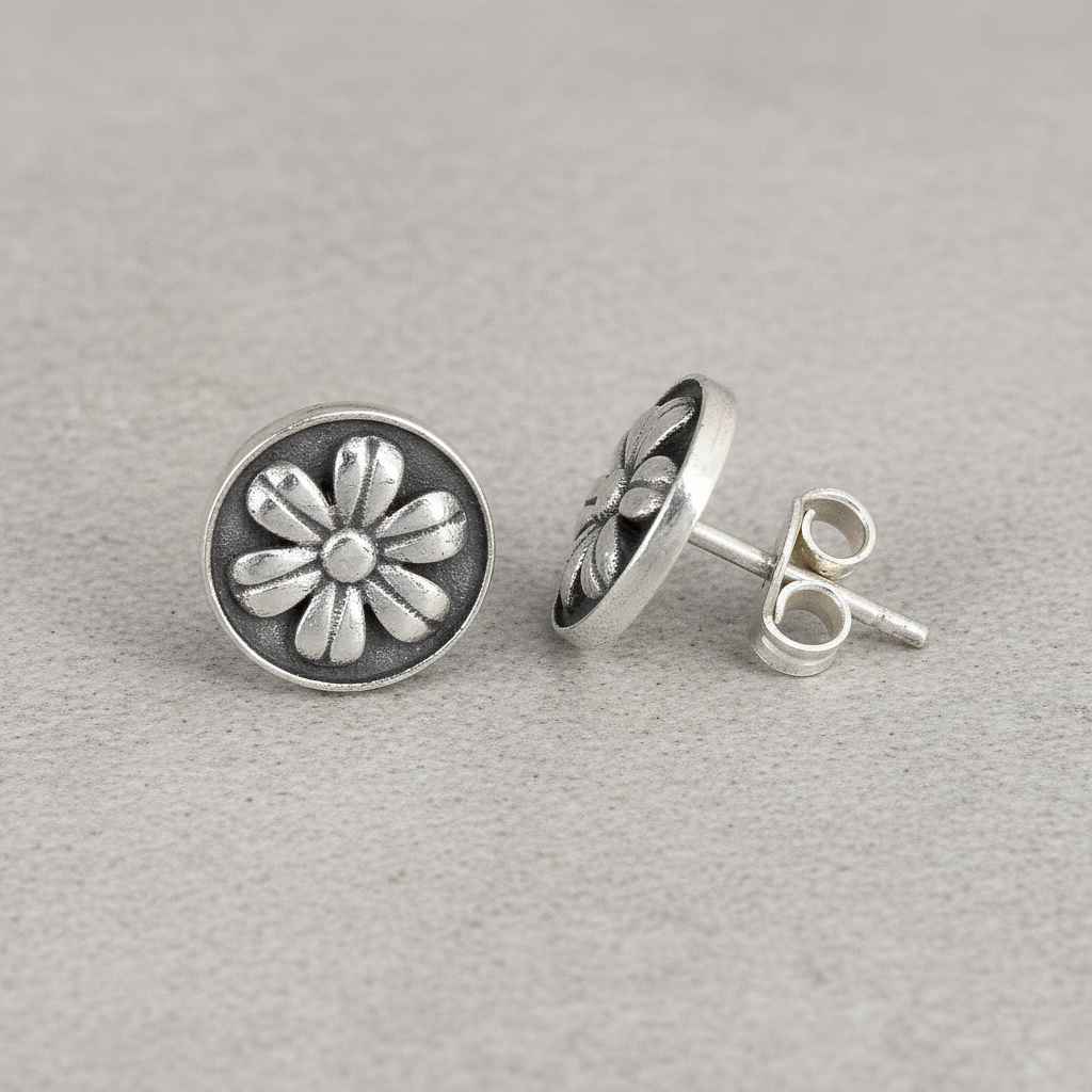 Oxidized Floral Disc Studs Earring