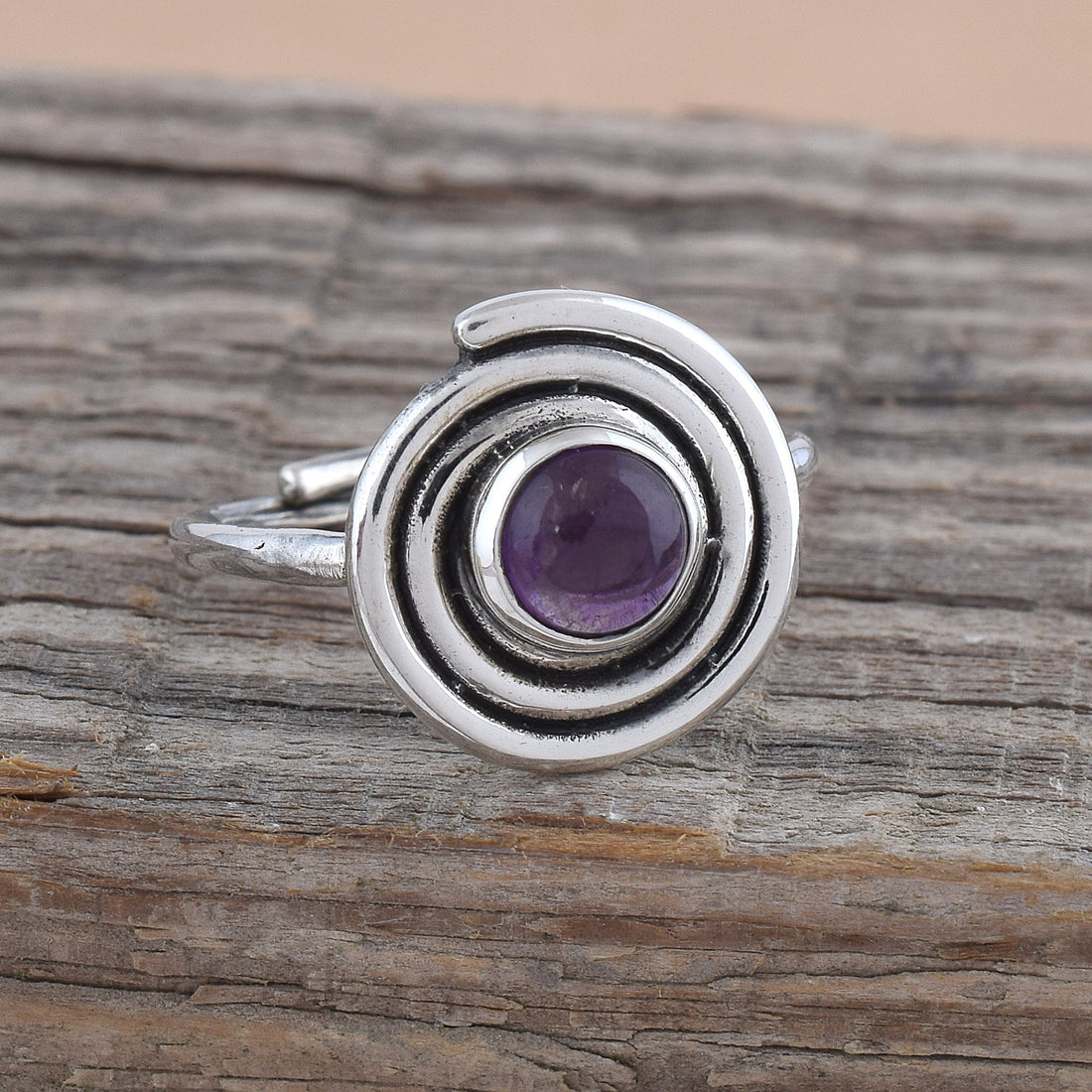 Amethyst Round Spiral Adjustable Ring