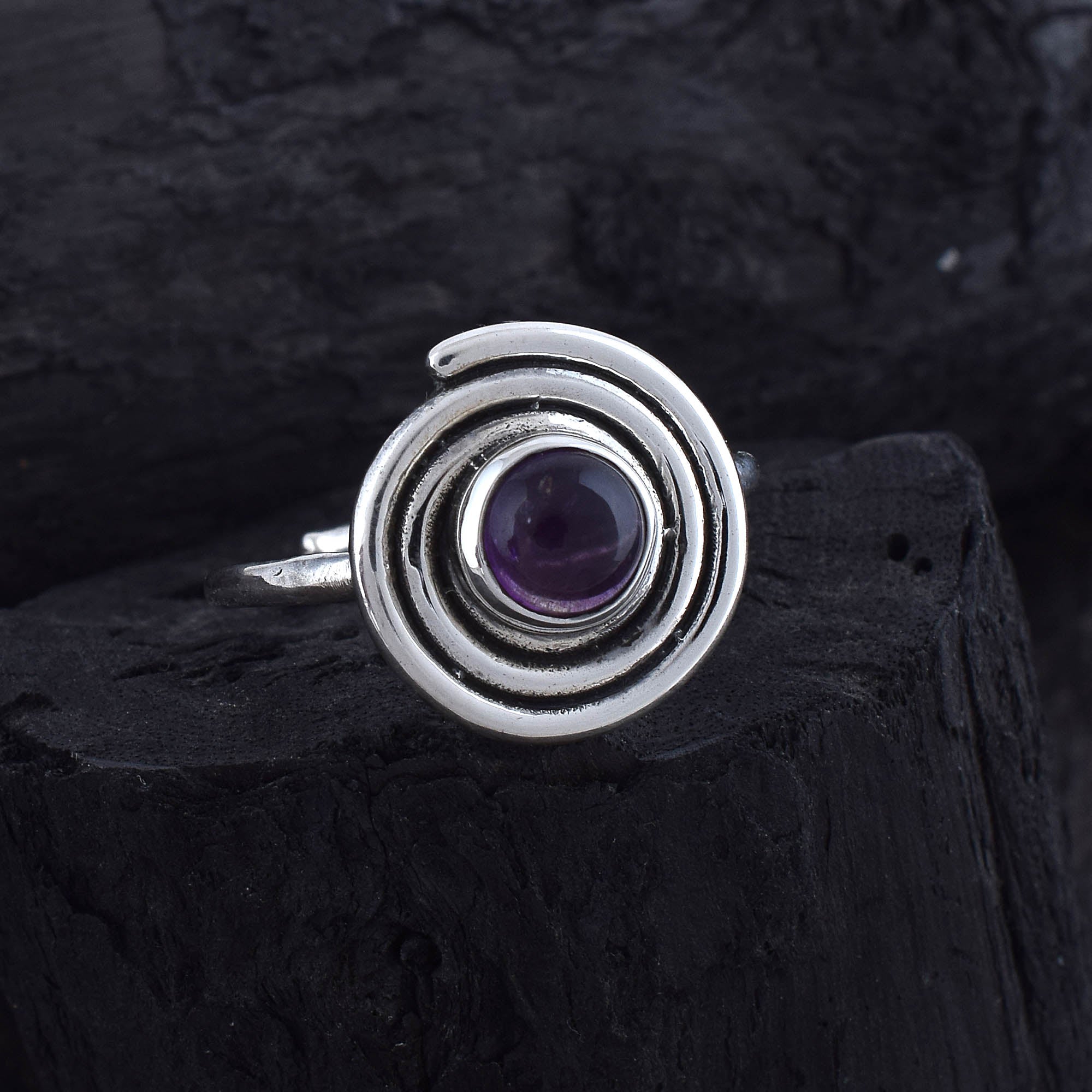 Amethyst Round Spiral Adjustable Ring