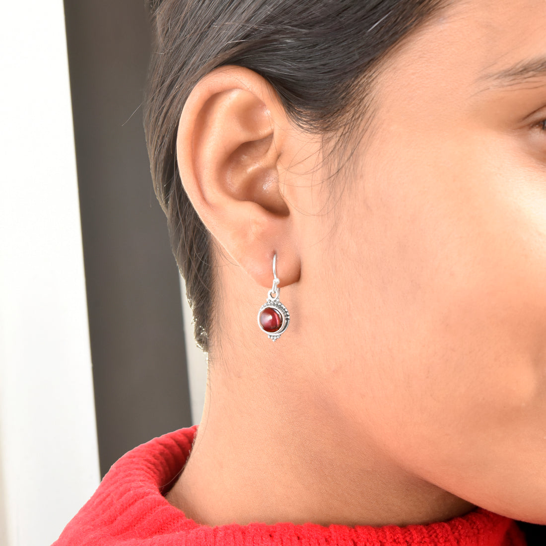Deep Red Garnet Silver Dangle Earrings