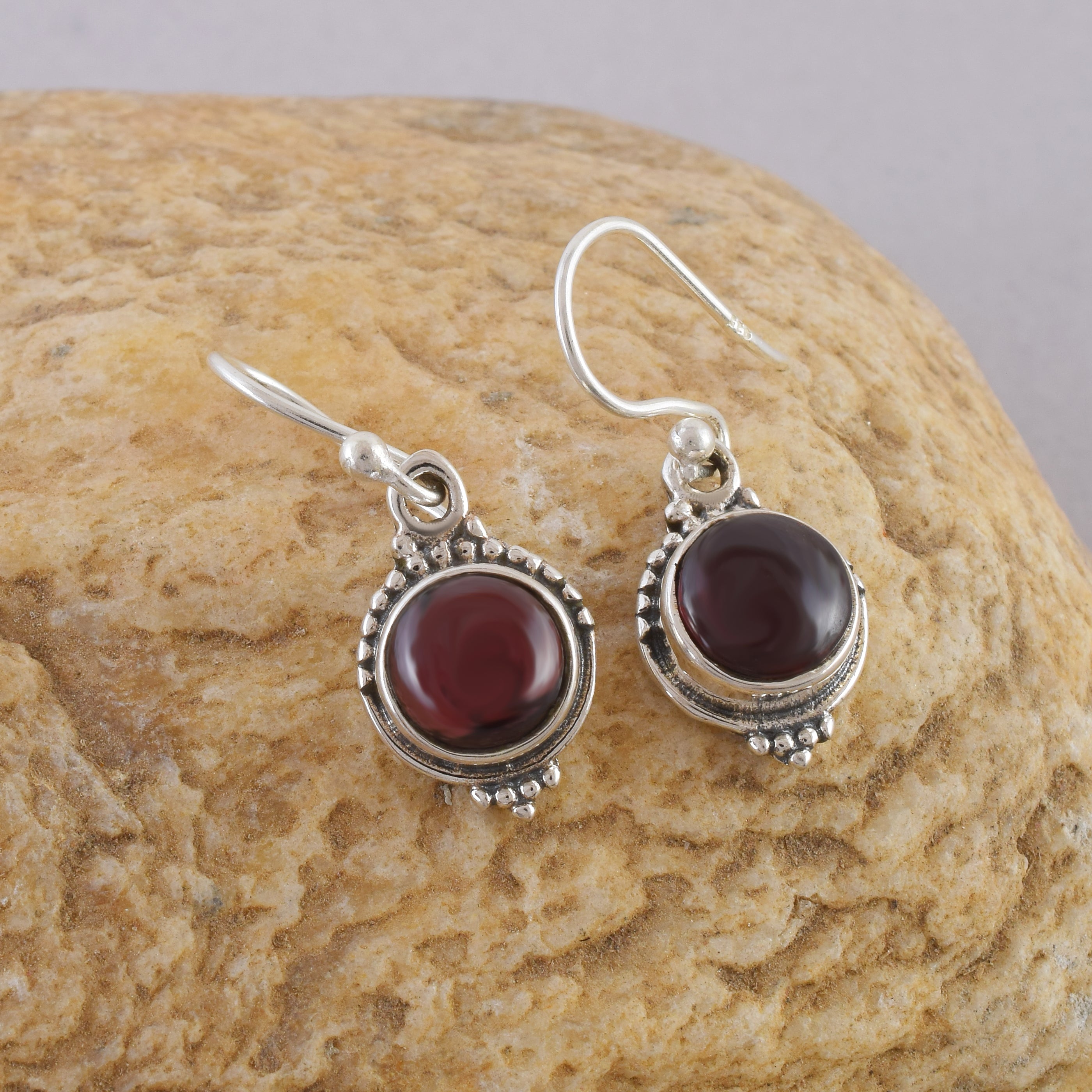 Deep Red Garnet Silver Dangle Earrings
