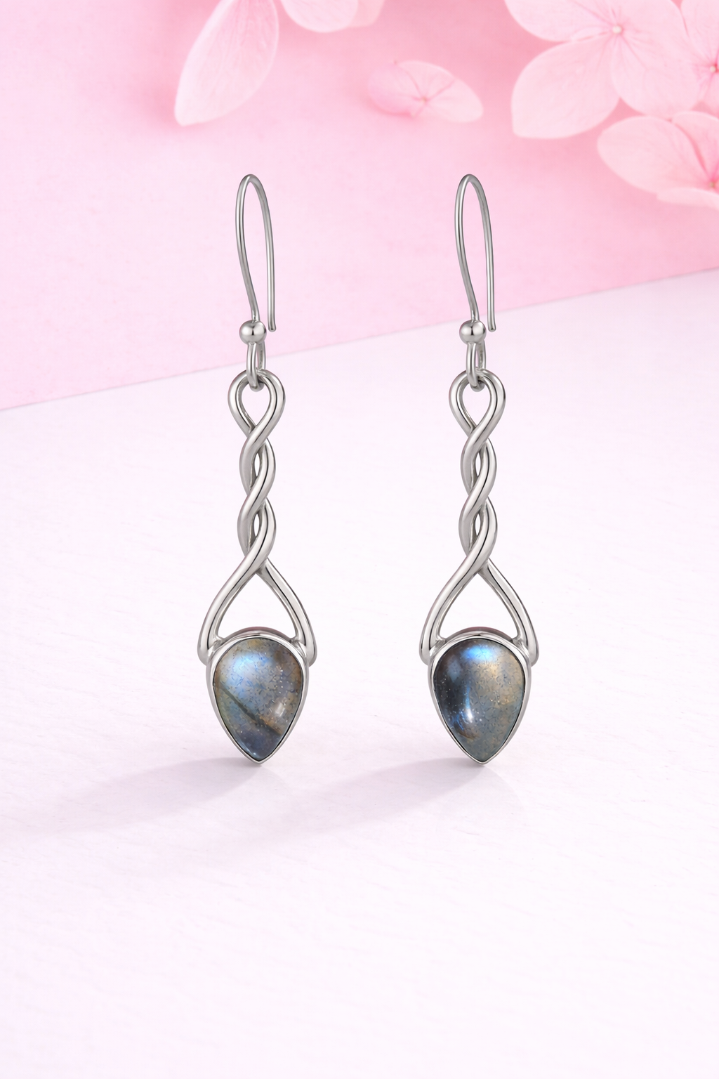 Labradorite Silver Twisted Teardrop Earrings