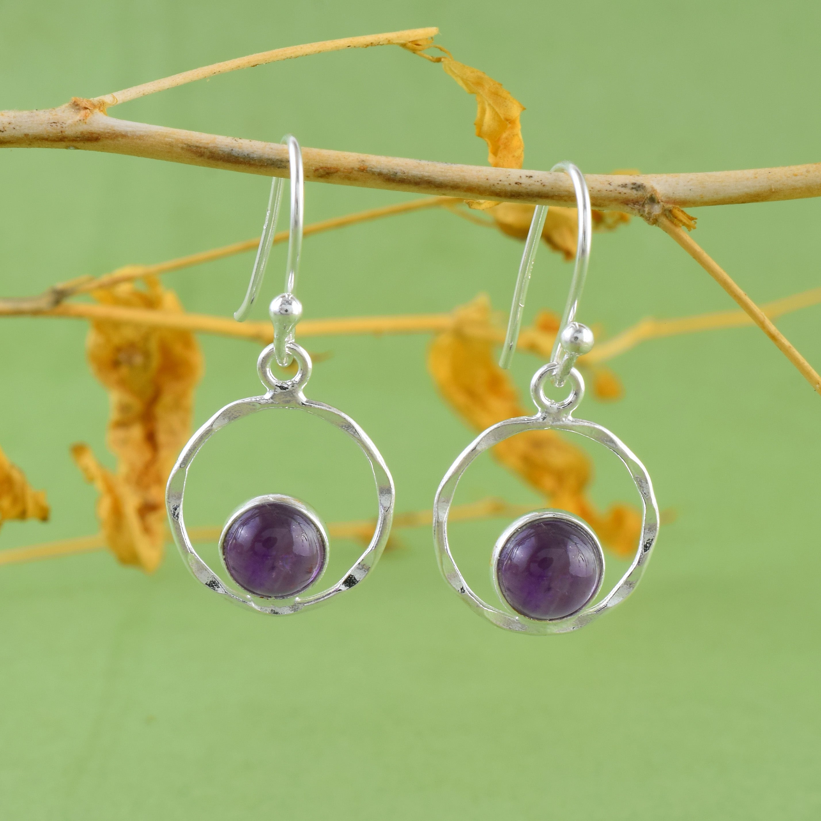 Amethyst Round Silver Dangle Earrings