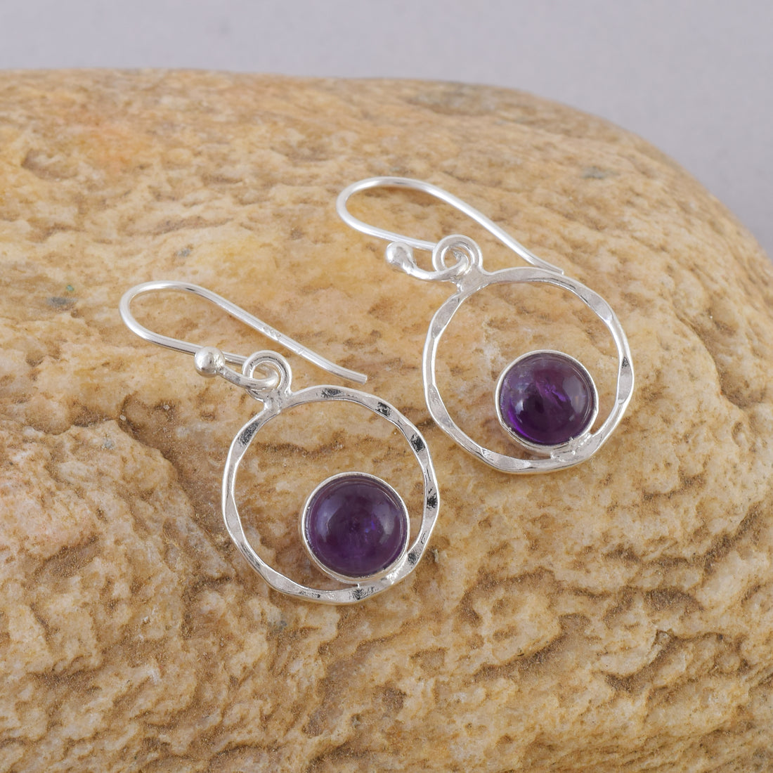 Amethyst Round Silver Dangle Earrings