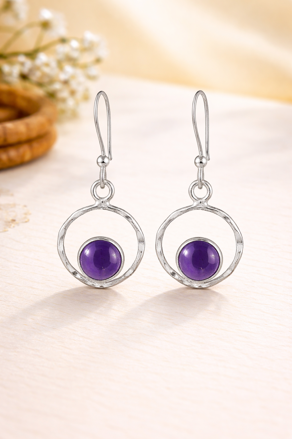 Amethyst Round Silver Dangle Earrings