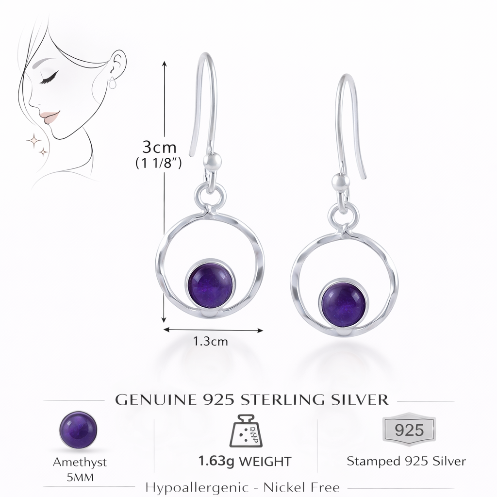 Amethyst Round Silver Dangle Earrings