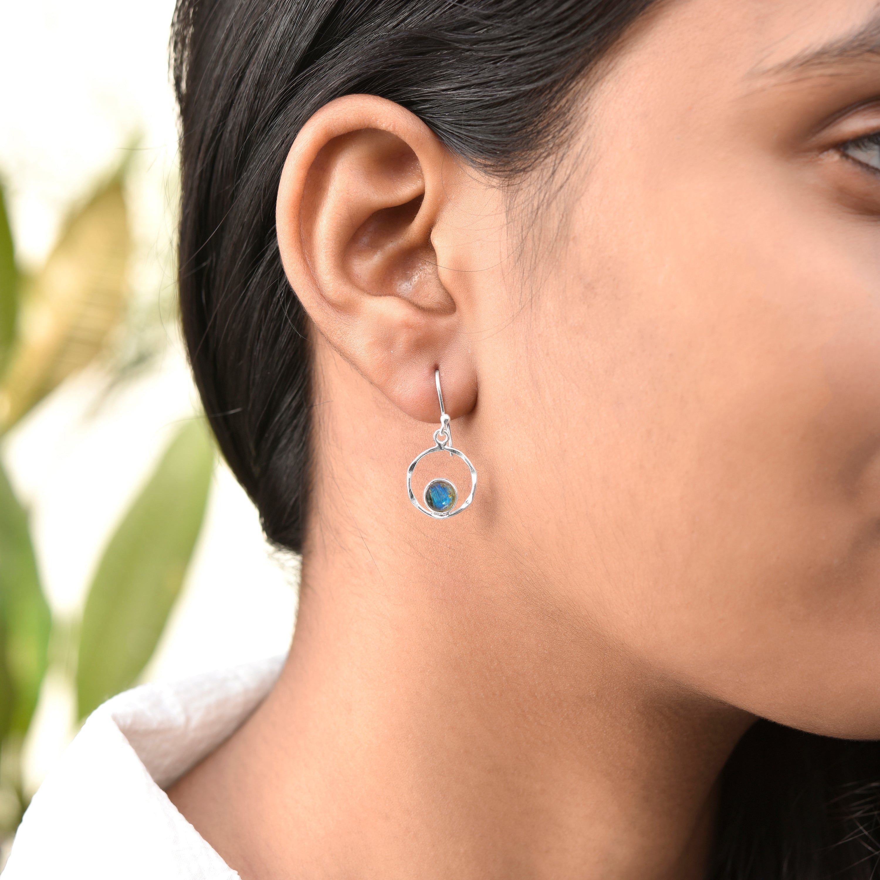 Blue Flash Labradorite Round Silver Earrings
