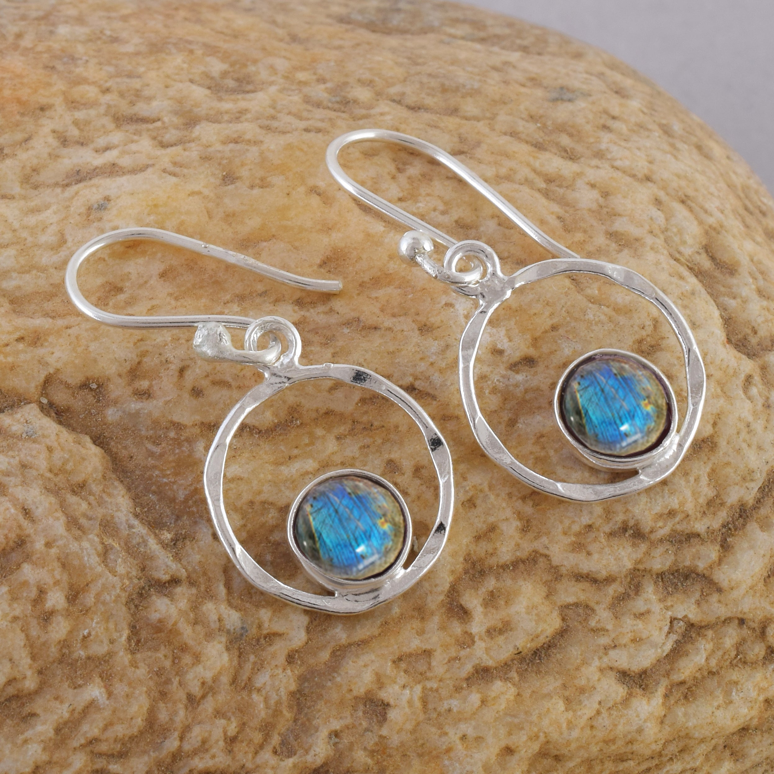 Blue Flash Labradorite Round Silver Earrings
