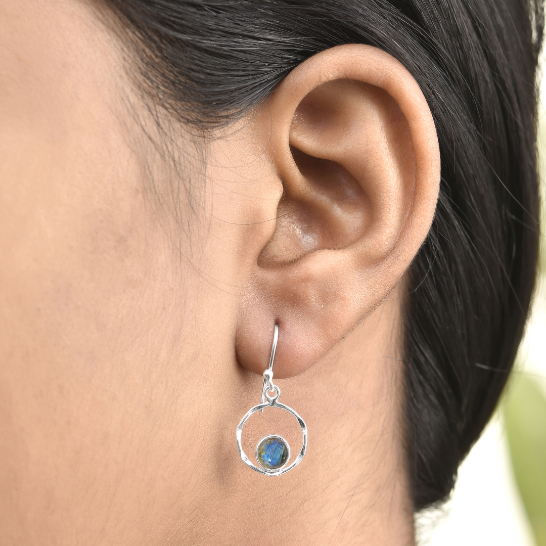 Blue Flash Labradorite Round Silver Earrings