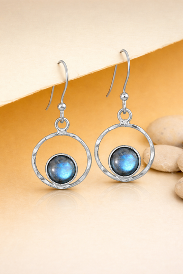 Blue Flash Labradorite Round Silver Earrings