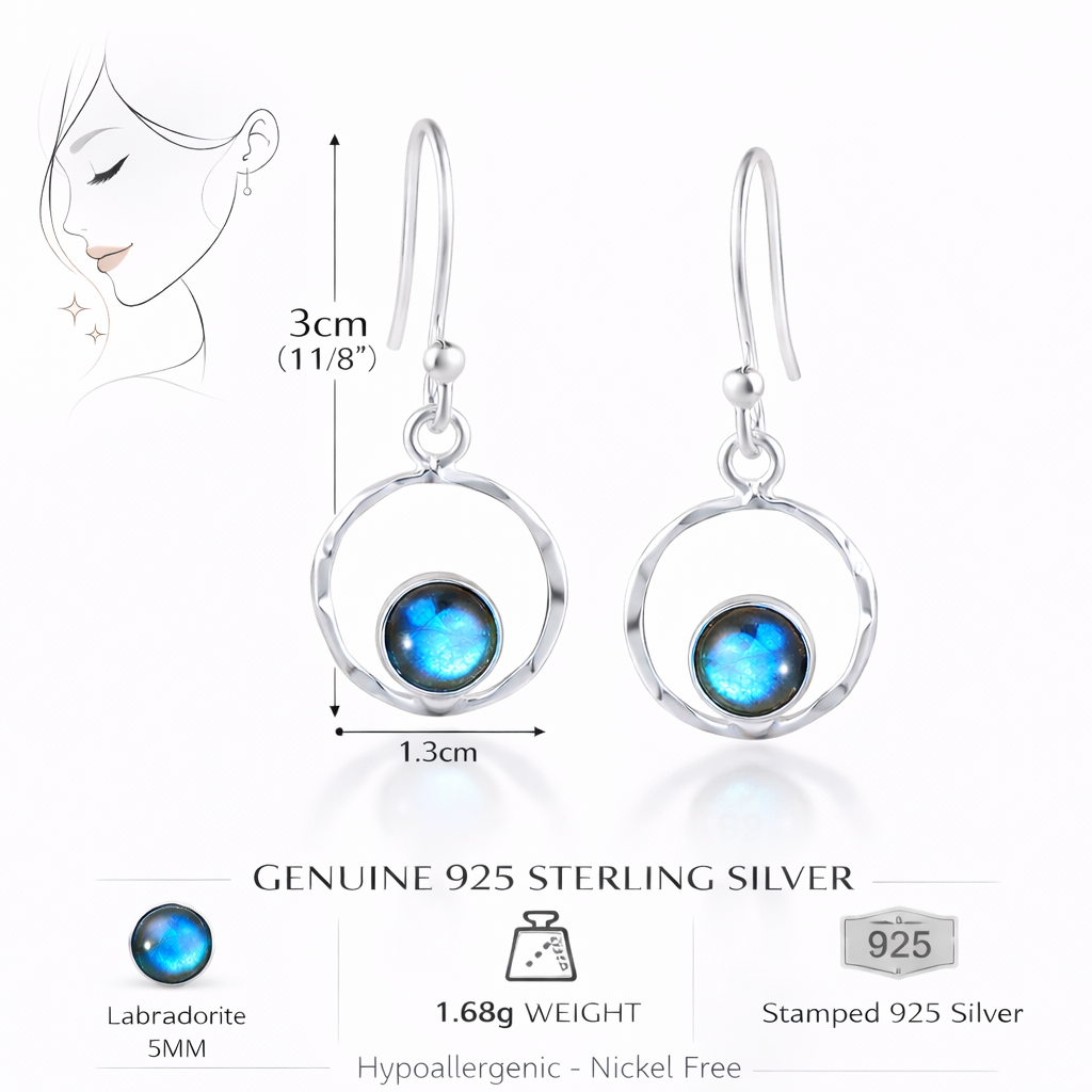 Blue Flash Labradorite Round Silver Earrings