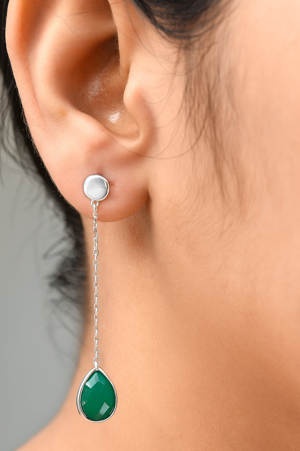 Green Onyx Silver Long Chain Earrings