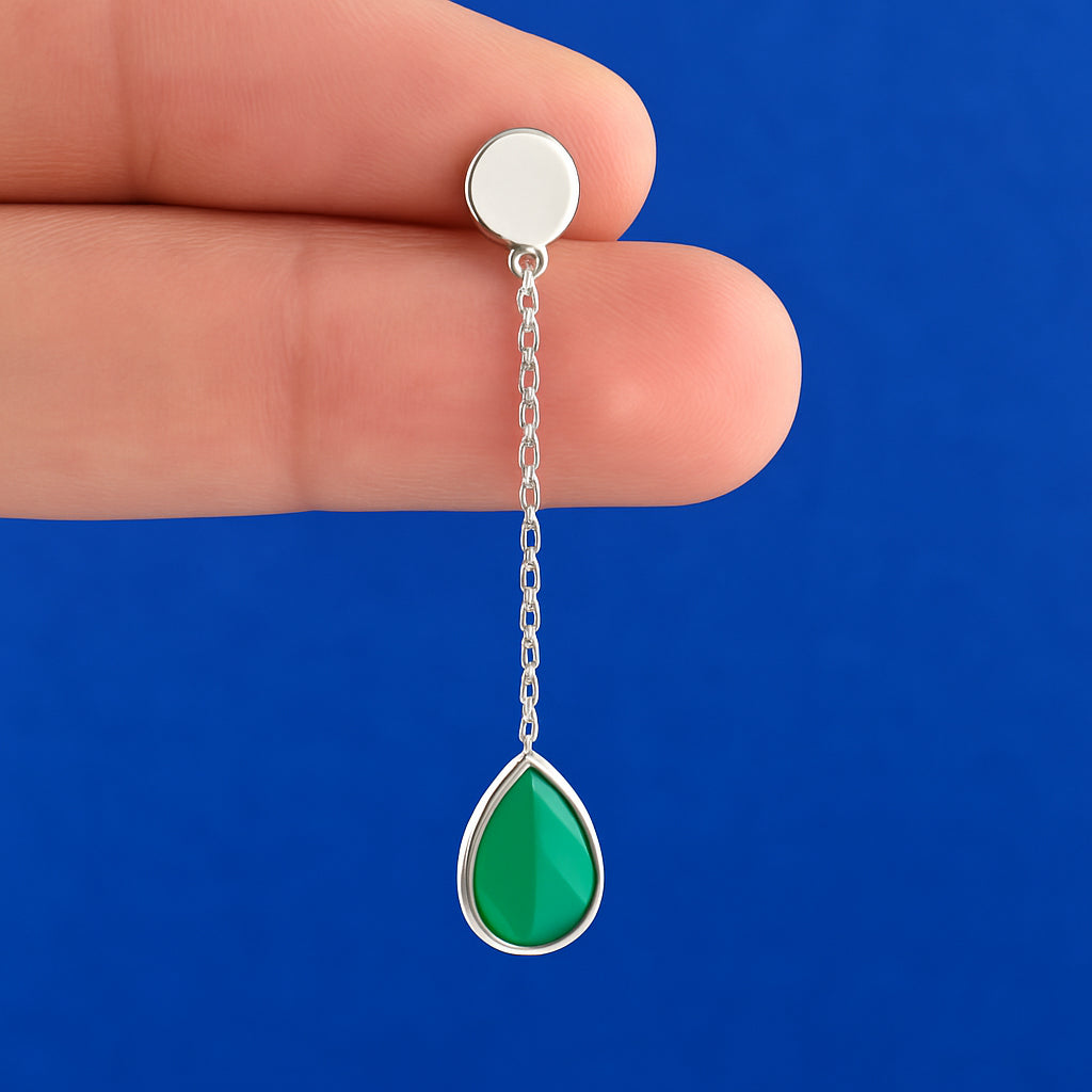 Green Onyx Silver Long Chain Earrings