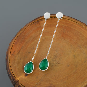 Green Onyx Silver Long Chain Earrings