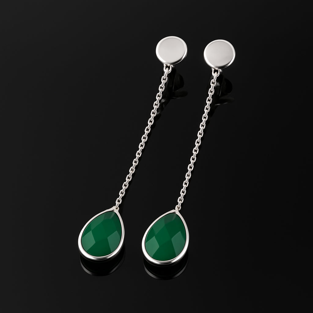 Green Onyx Silver Long Chain Earrings