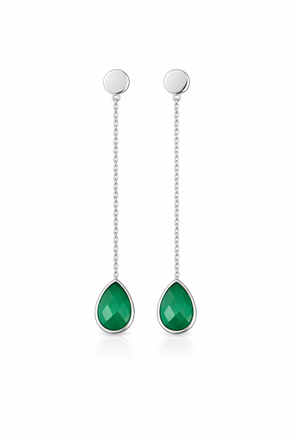 Green Onyx Silver Long Chain Earrings