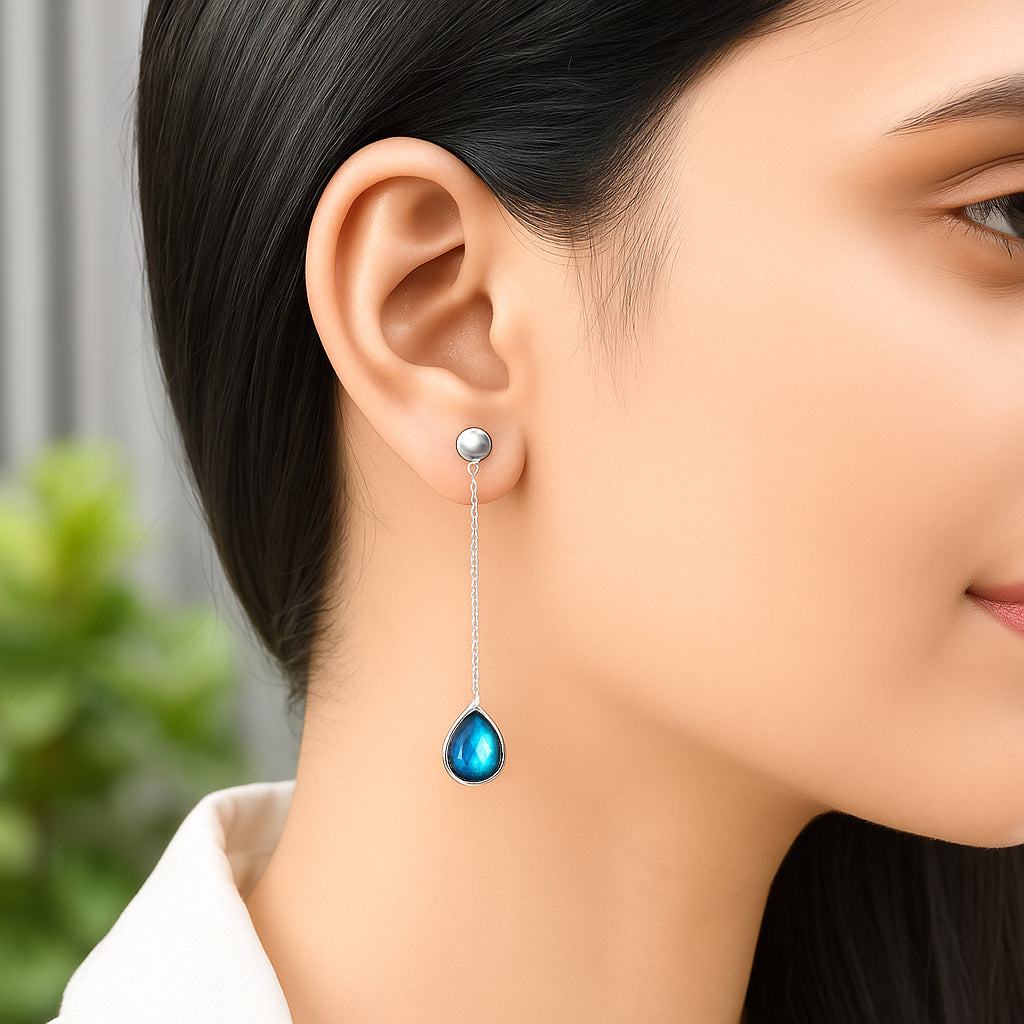 Labradorite Silver Long Chain Earrings