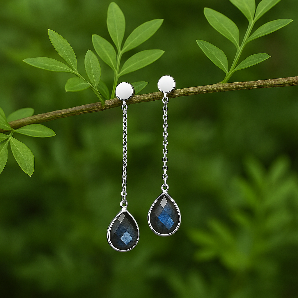 Labradorite Silver Long Chain Earrings