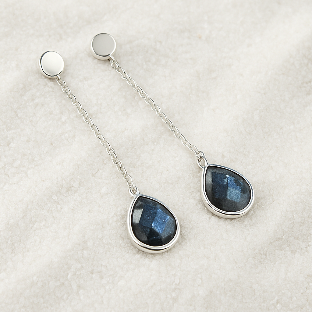 Labradorite Silver Long Chain Earrings