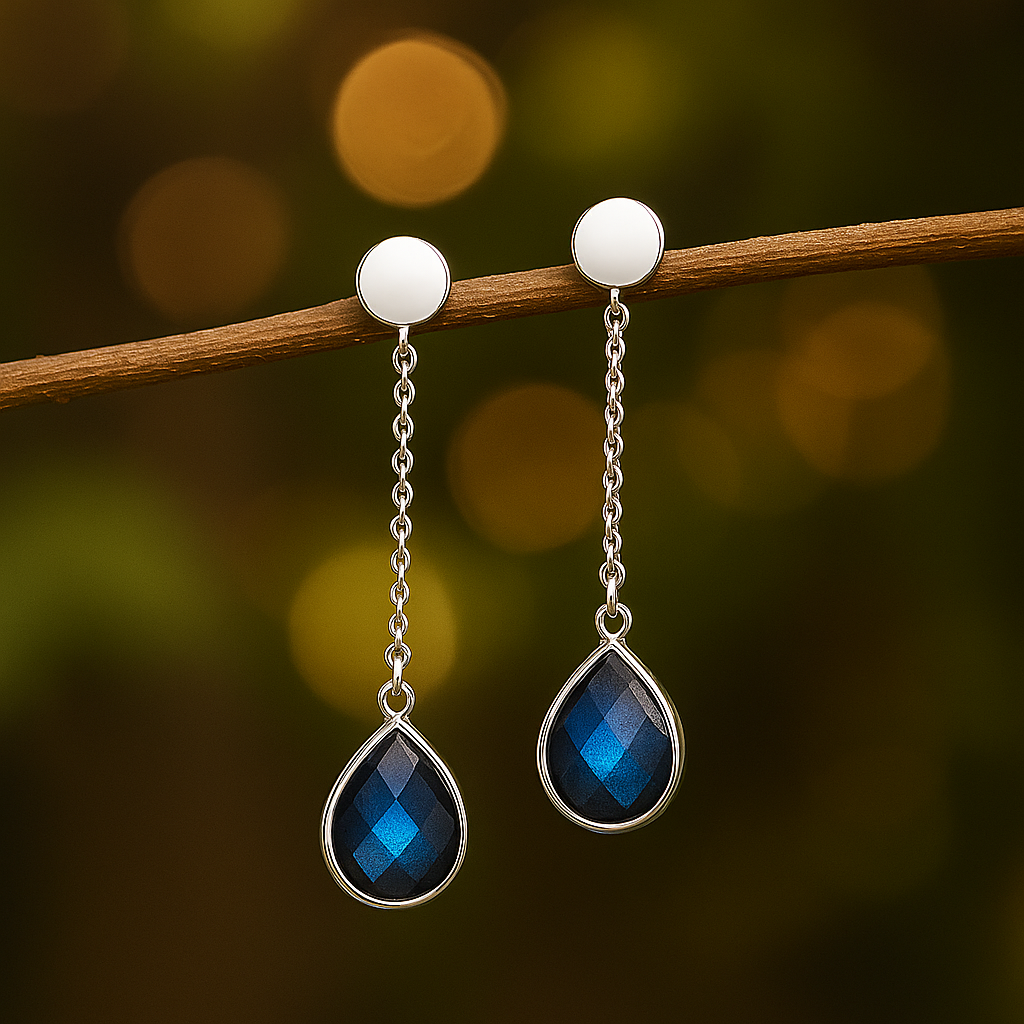 Labradorite Silver Long Chain Earrings