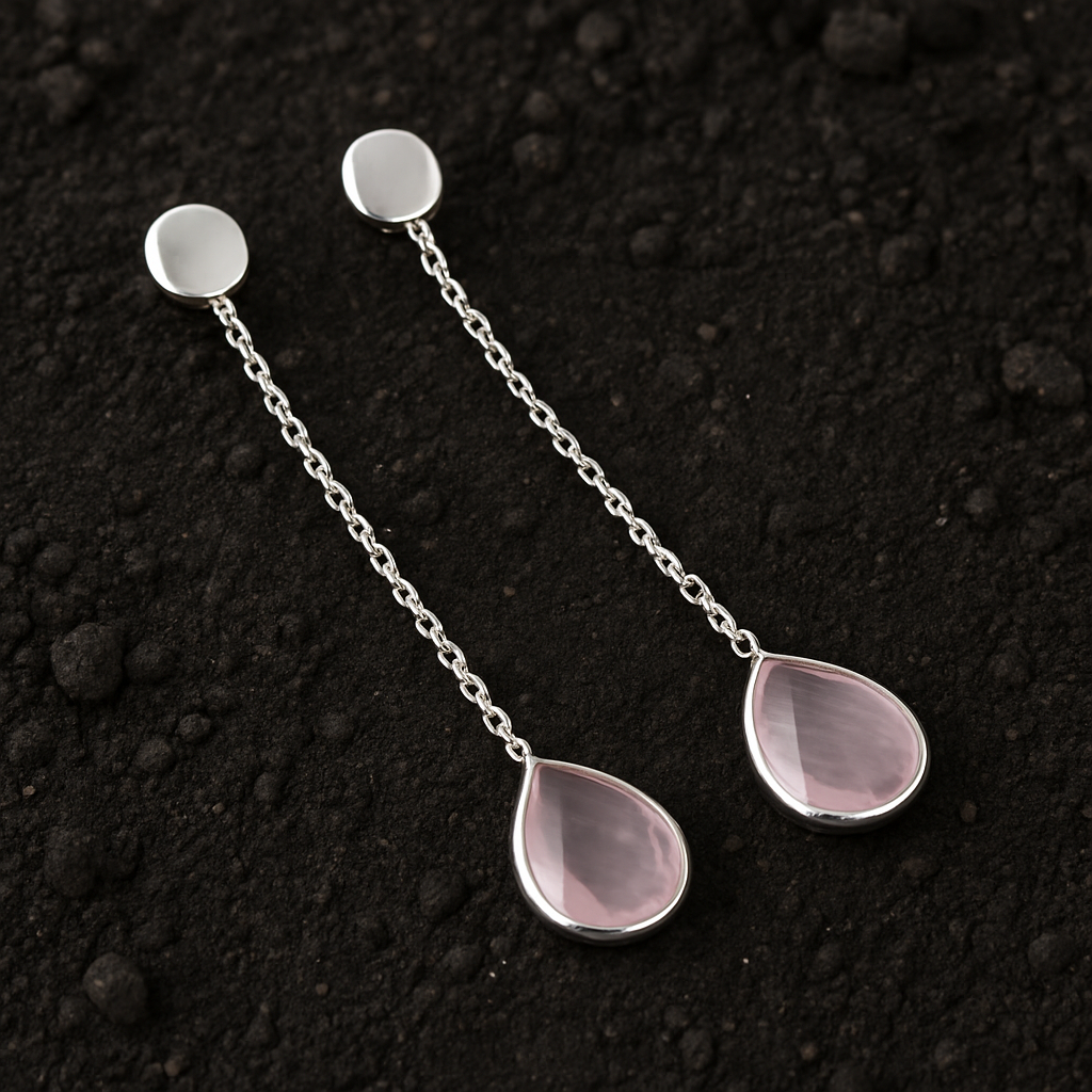 Pink Rose Quartz Silver Dangle Earrings