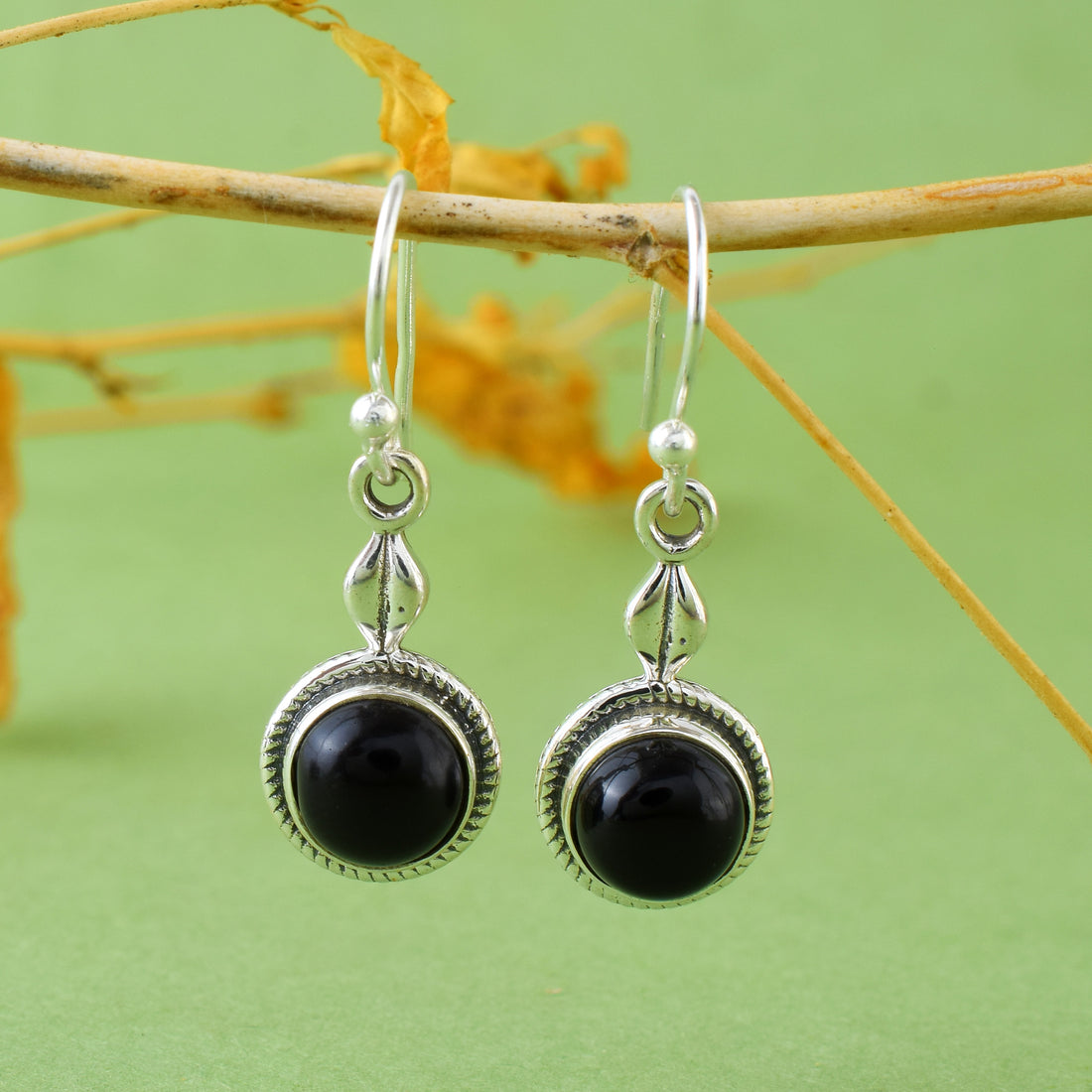 Black Onyx Silver Dangle Earrings