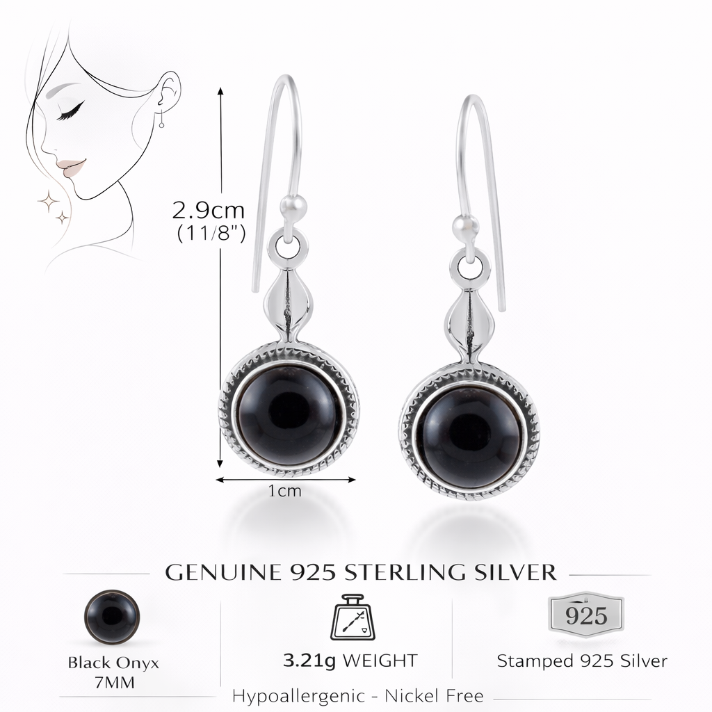 Black Onyx Silver Dangle Earrings